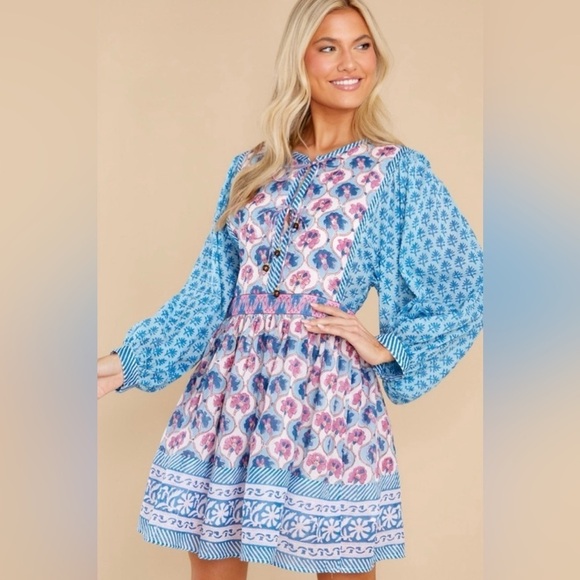 NWT Oliphant Tie Front Balloon Sleeve Dress in Iris Blue Floral, Small - Picture 7 of 7